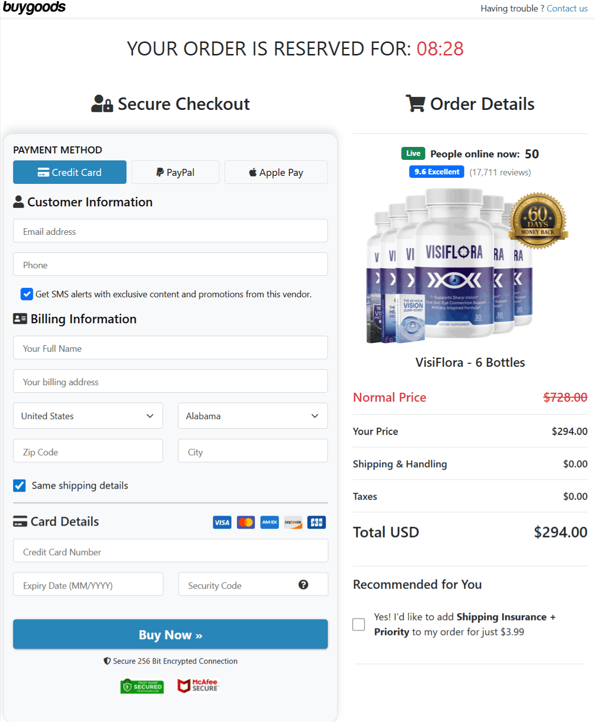 VisiFlora Checkout page